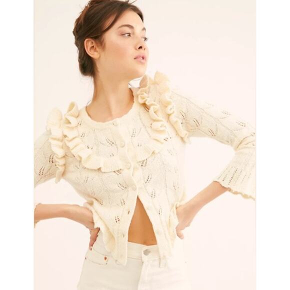 LoveShackFancy Warren Ruffle Cardigan Crochet Open Knit Cottagecore Sweater NWT - Picture 1 of 14